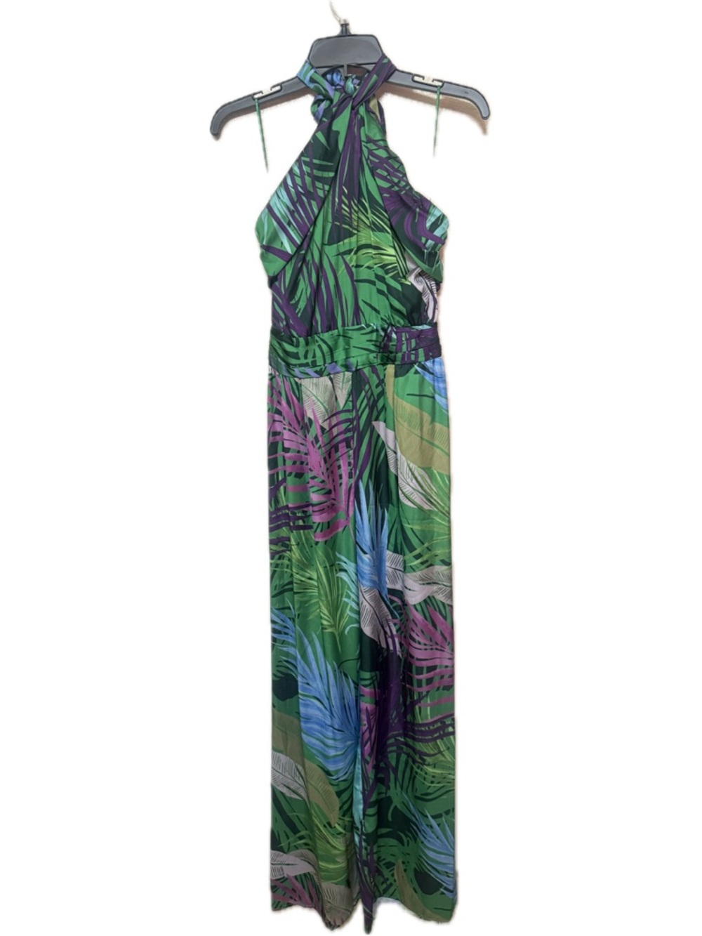 nwt Zara Satin Green Tropical Print Wide-Leg Jumpsuit with pink purple accents
